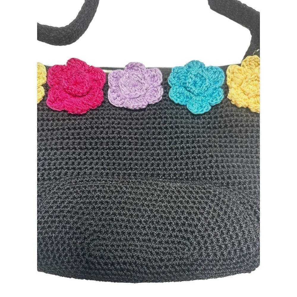 Lina, Black crochet‎ hobo bag with colorful flowers